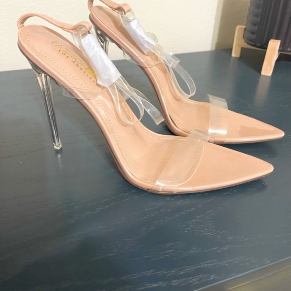 NWOT Fashion Nova Coming Through heeled Sandal  Nude Patent size 9